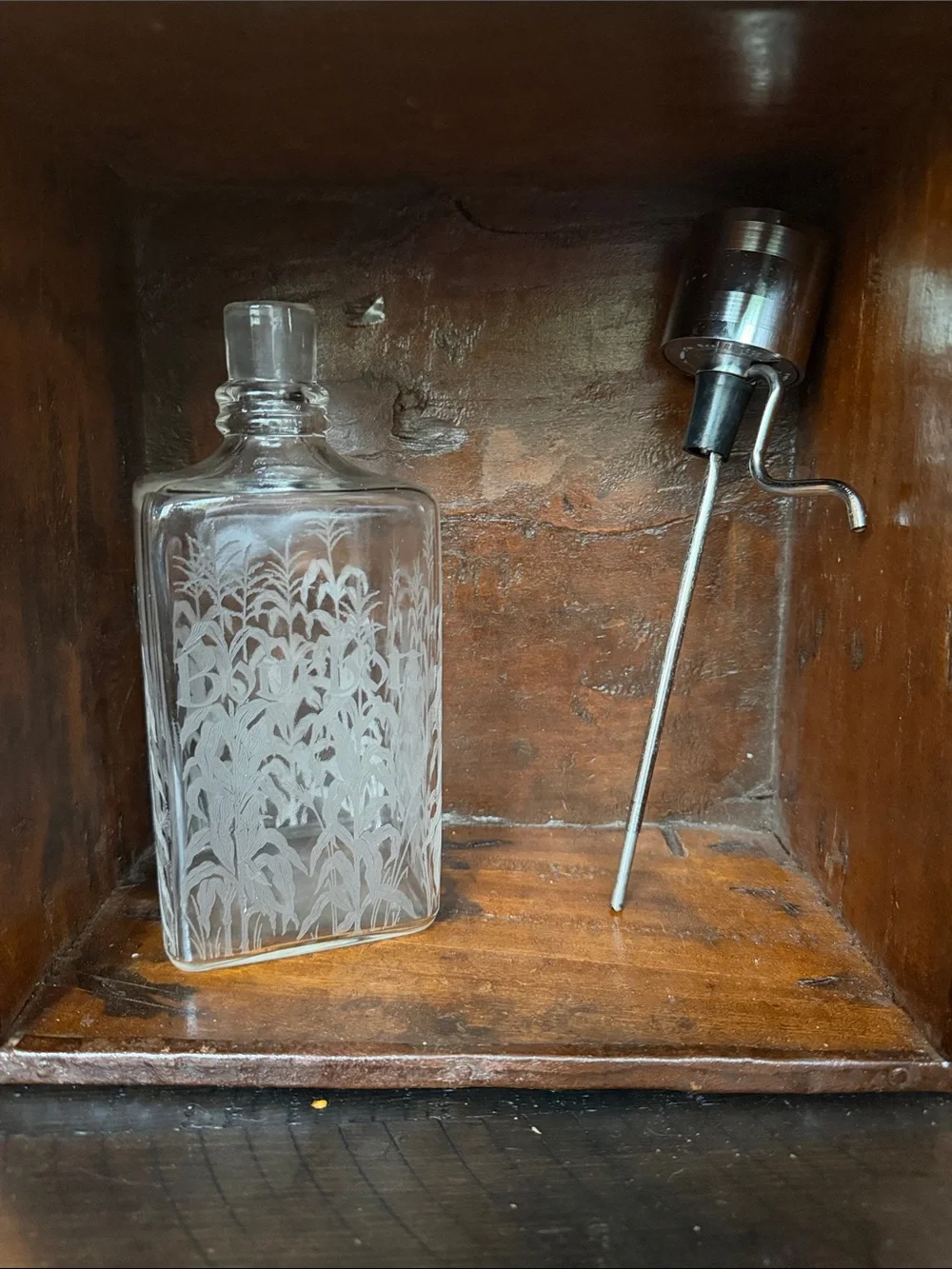 Continental Etched Glass Bourbon Dispenser with Chrome Pump Mid century modern